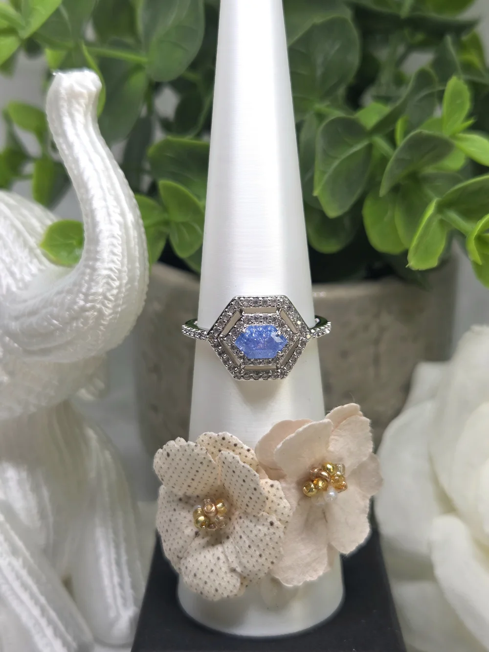 BP Hexagon Halo Ring with Blue Ice Crystal Stone